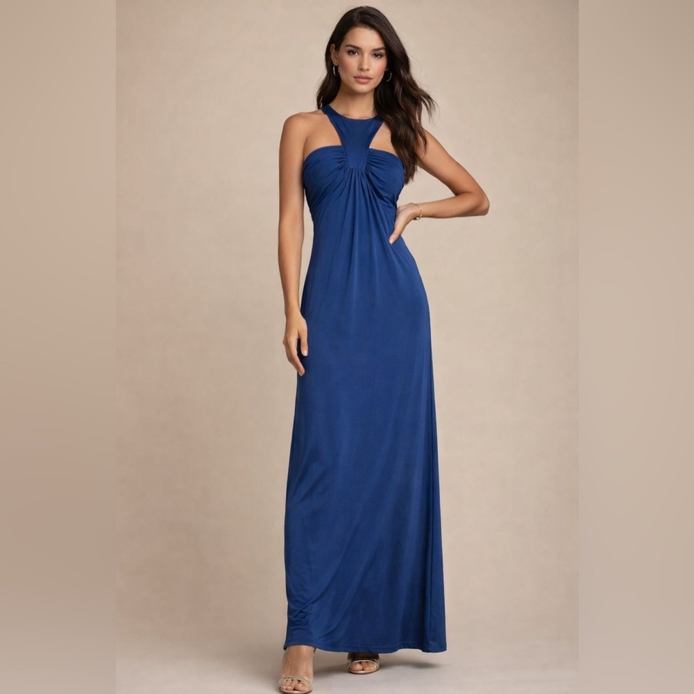Jay Godfrey Maxi Gown Dress Size 2 Navy Blue T-Strap Sleeveless Racerback Jersey